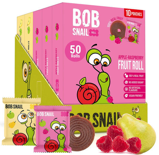 Bob Snail Fruit Roll Ups – 50 Fruit Snacks (Apple-Pear & Apple-Raspberry), Vegan, No Added Sugar, No Nuts, Gluten free, 500g