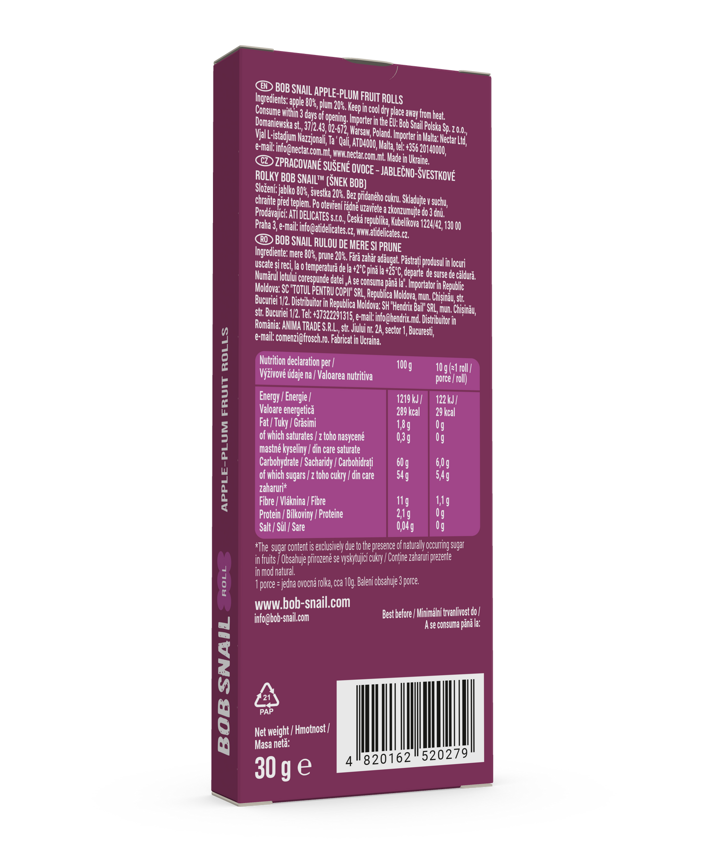 Bob Snail Fruit Rolls Apple-Plum 30g (3 rolls)