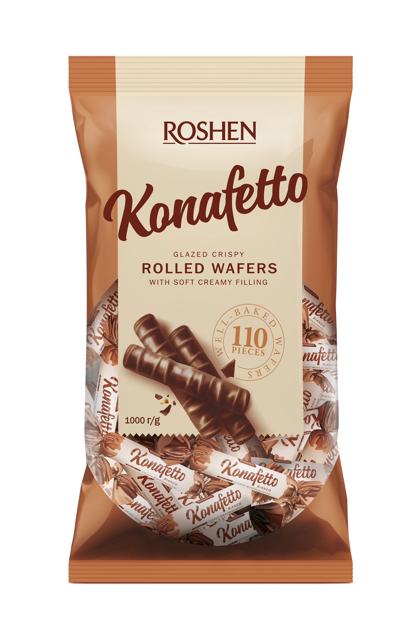 Roshen KONAFETTO BLANC, crispy tubes in chocolate glaze with cream filling 1 kg